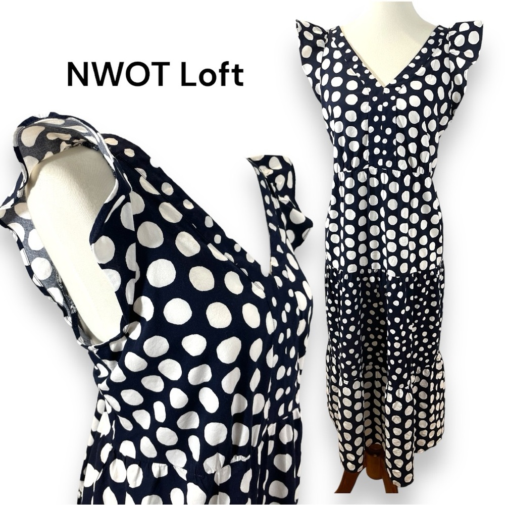 NWOT Loft Peasant Maxi Dress - Navy with White Polka Dots